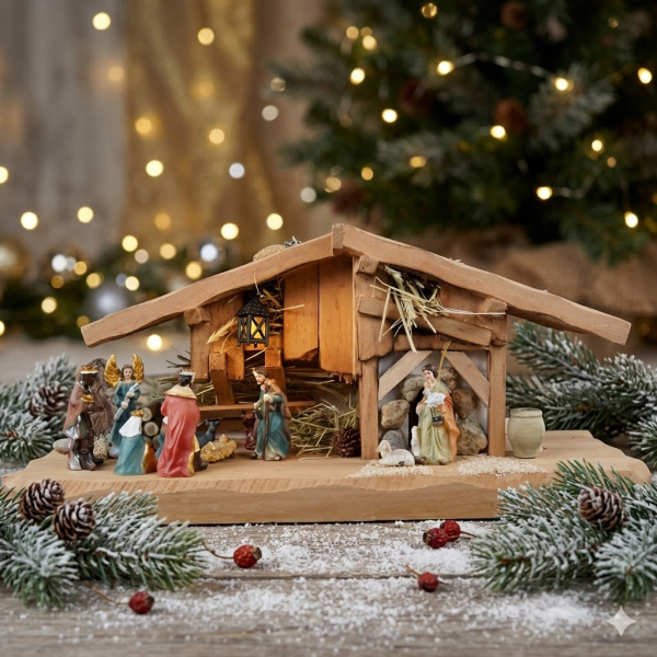 Bezaubernde Weihnachtskrippe Kalchreuth inkl. 11-tlg. Figurensatz K 111, Maße Krippe: ca. 33 x 11 x 14 cm